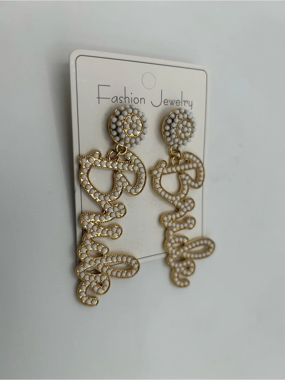 🆕 Gold and White 'Bride’ Script Drop Earrings - Fashion Jewelry